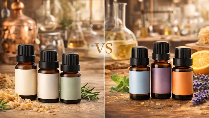Two groups of essential oil bottles in a botanical laboratory — hero visual comparing BEWIT and doTERRA