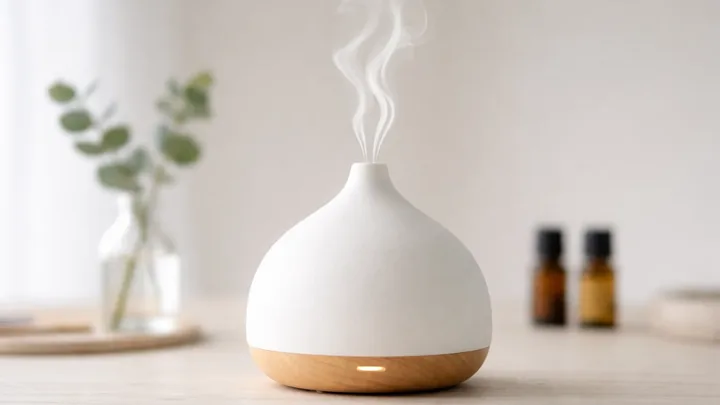 White ultrasonic diffuser with a soft stream of mist — hero visual for 25+ Diffuser Blend Recipes for Every Mood and Season