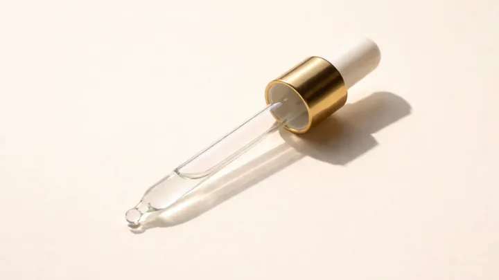 Glass dropper with a drop of oil on a light neutral background — hero visual for The Complete Beginner's Guide to Essential Oils