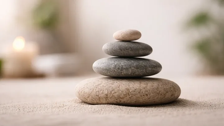 Balanced stones in a calm wellness scene — hero visual for 10 Best Essential Oils for Stress and Calm Evenings