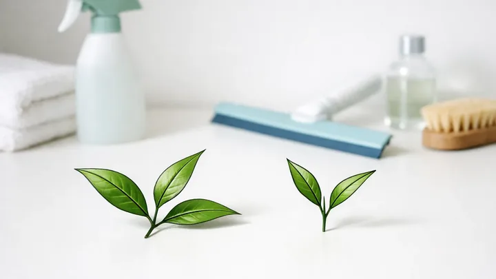 Tea tree leaves beside clean household supplies — hero visual for Natural Home Cleaning with Essential Oils: Recipes That Work