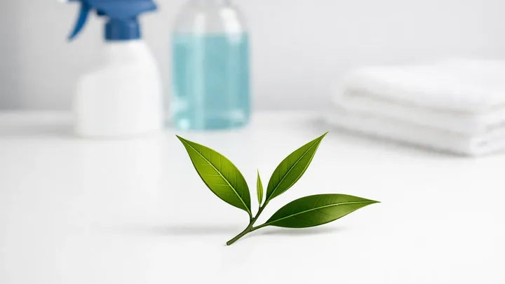 Tea tree leaves beside clean household supplies — hero visual for Tea Tree Oil: 15 Powerful Uses for Nature's Ultimate Purifier