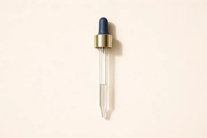 Glass dropper with a drop of oil on a light neutral background for the section What to Look For in a Starter Set