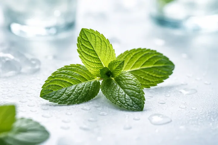 Fresh green mint leaves with water droplets for the section Focus & Productivity Blends