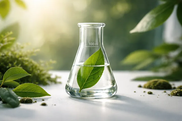 Glass laboratory flask with a green leaf for the section Choosing Quality Essential Oils