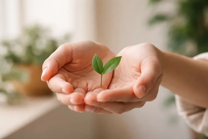 Hands gently protecting a young green sprout for the section Sensible Winter Rituals