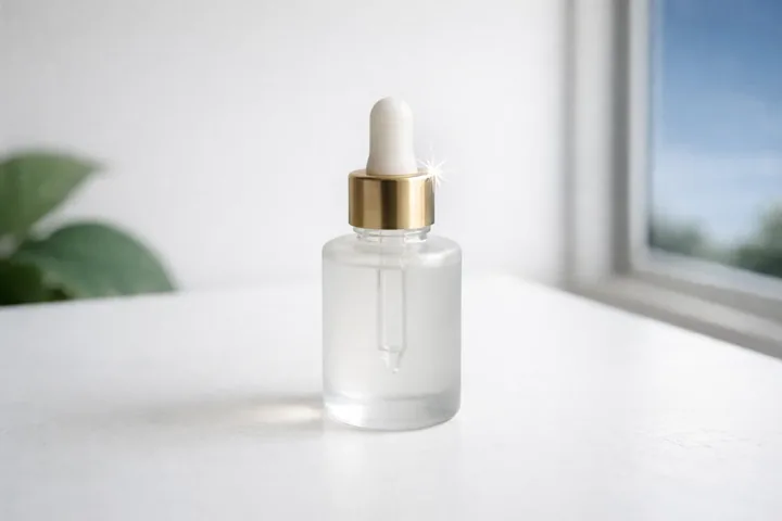 Clear serum bottle with a dropper for the section The 4-Step Natural Routine