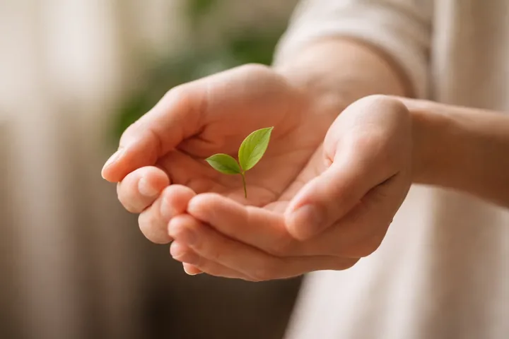 Hands gently protecting a young green sprout for the section Patch Testing and Face Dilution Rules