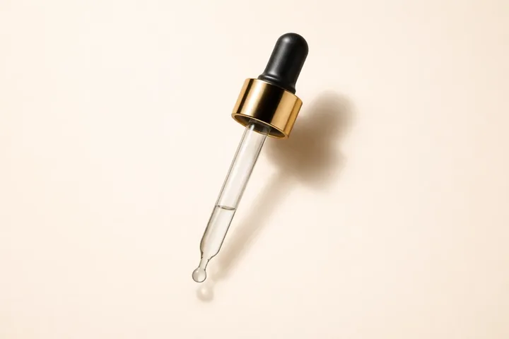 Glass dropper with a drop of oil on a light neutral background for the section How to Use Frankincense Essential Oil