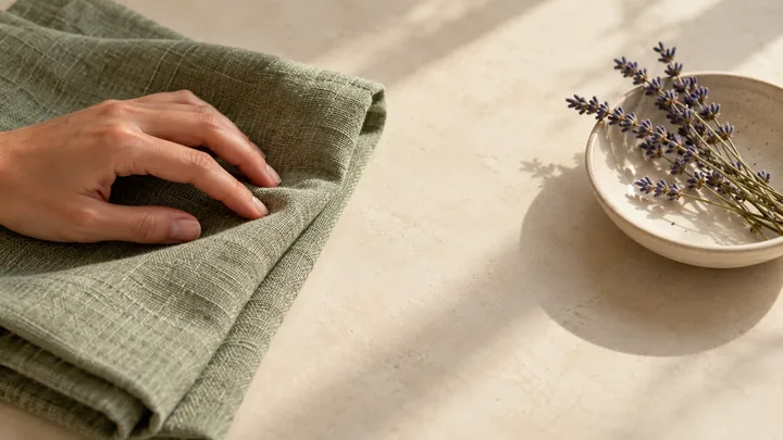 Adult fingertips rest on sage linen, apart from lavender stems in a cream ceramic bowl on a sunlit table.