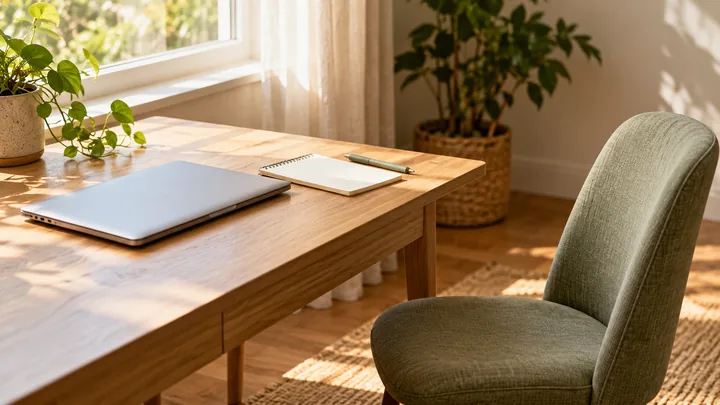 A closed laptop and blank notepad on a wooden desk beside an empty sage chair, houseplants and a sunlit window.