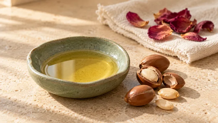 Sage ceramic dish of golden oil beside brown nutshells and pale kernels, with dried rose petals on a folded cream cloth.