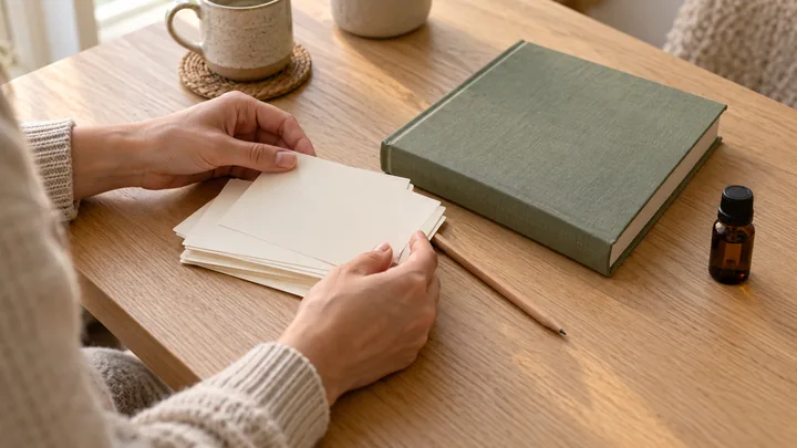 Adult hands sort blank cream cards beside a closed sage-green book, a wooden pencil and a capped amber bottle on a wooden table.