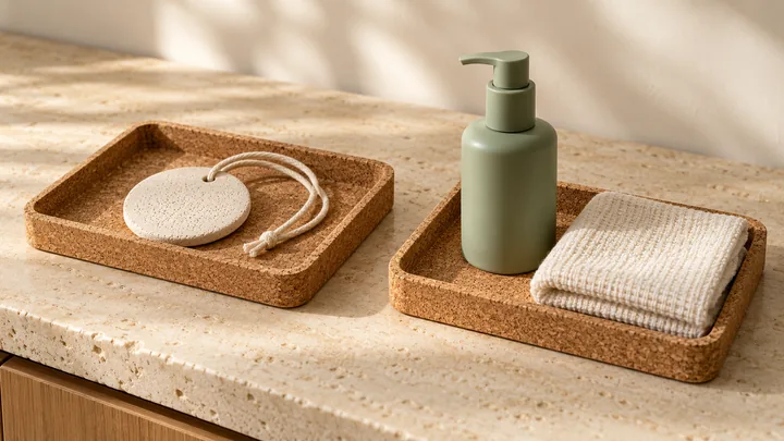 Two cork trays hold a ceramic pendant with cord, a plain sage-green pump dispenser and a folded cream washcloth.