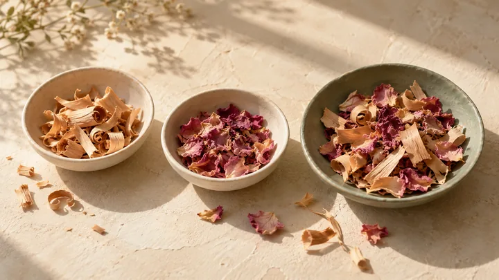 Three ceramic dishes hold wood shavings, dried rose petals and a mixture of both on a softly lit cream surface.