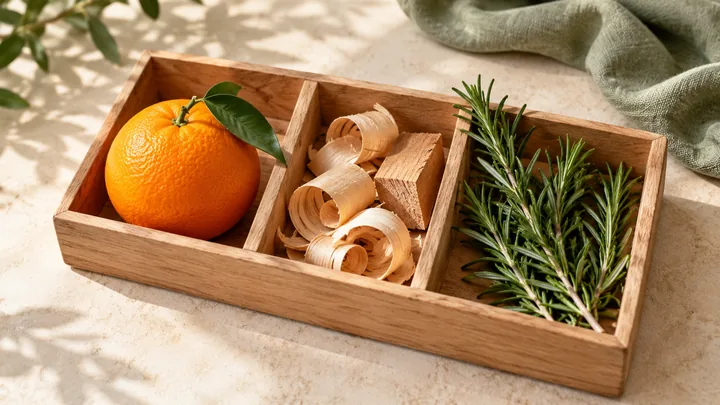 A wooden tray holds an orange, wood shavings and rosemary in separate compartments beside sage-green fabric.