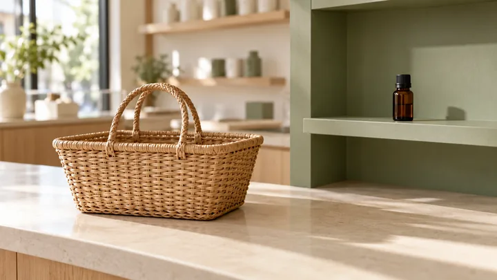 An empty woven basket on a cream counter beside a sage-green shelf holding one capped, unlabelled amber bottle.