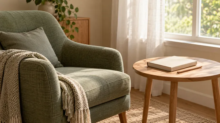 Sage-green armchair beside a sunlit window, with a closed cream notebook and wooden pencil on a round side table.