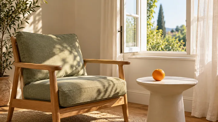 An empty sage armchair beside an open window, with a whole orange on a small cream side table.
