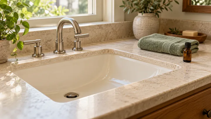 Empty cream washbasin with a metal tap, a folded sage towel and a capped amber bottle on a sunlit stone counter.