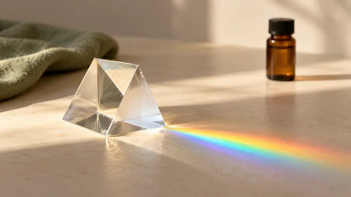 Glass prism casting a rainbow on a cream tabletop, with sage fabric and a capped amber bottle in the background.