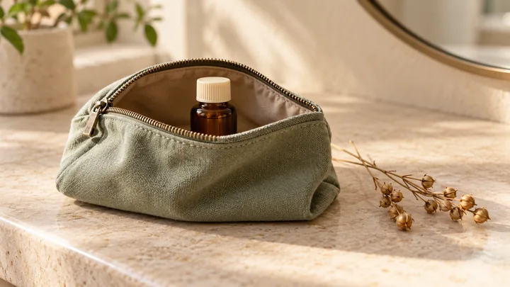 A small capped amber bottle inside an open sage cosmetic pouch, beside dried flax stems on a cream stone counter.