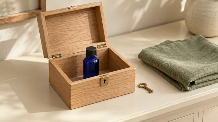 A capped blue bottle in an open wooden lockbox beside a brass key and folded sage-green linen.