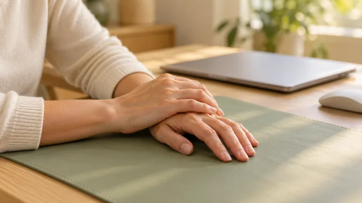 Adult hands resting one over the other on a sage desk mat beside a closed laptop and mouse in soft window light.
