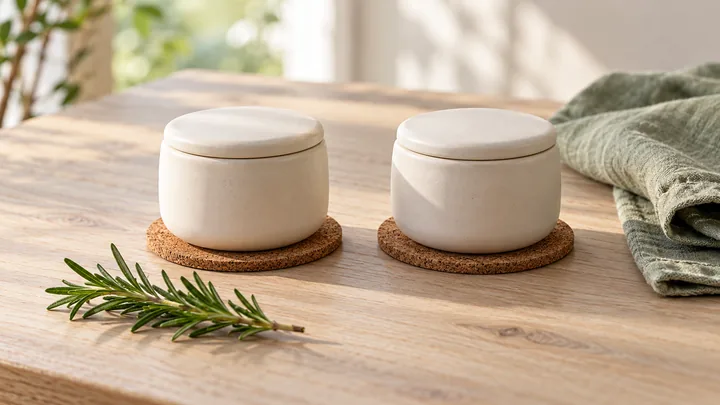 Two cream ceramic pots with closed lids on cork coasters, with rosemary and sage-green linen on a wooden table.