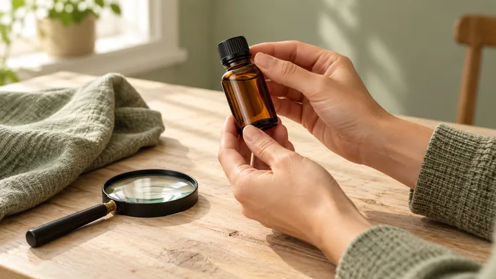 Adult hands hold a capped, unlabelled amber bottle beside a magnifying glass and sage cloth on a sunlit wooden table.