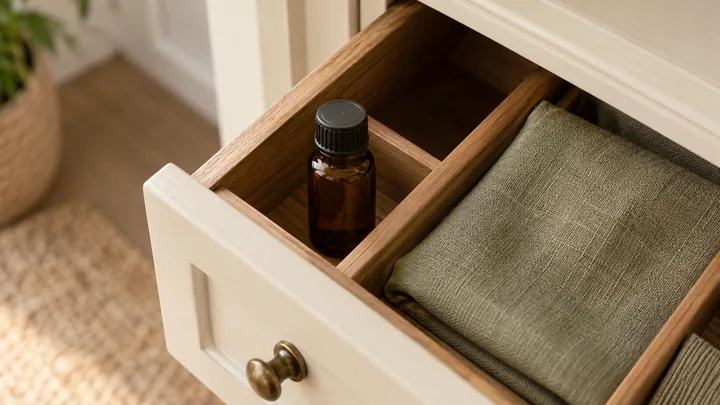A capped amber bottle stands in a wooden drawer compartment beside folded sage linen.