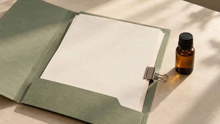 Blank cream sheets clipped inside an open sage-green folder beside a capped, unlabelled amber bottle on a sunlit desk.