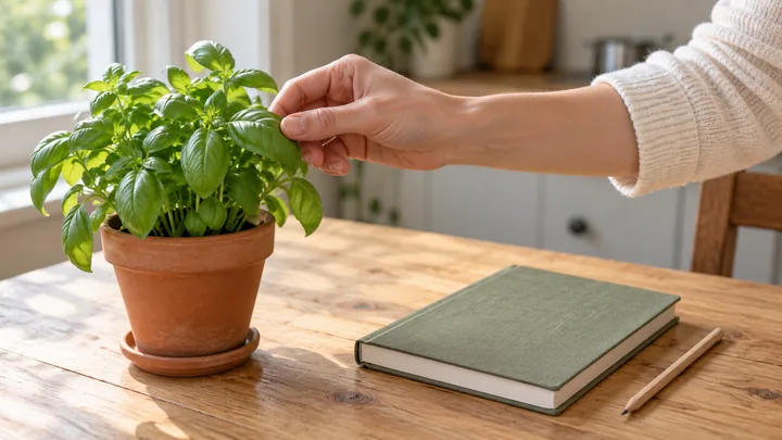 An adult hand touches potted basil beside a closed sage-green notebook and a wooden pencil on a sunlit table.