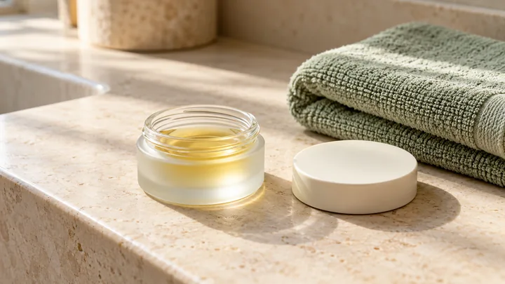 Open frosted-glass jar of golden oil with a cream lid beside a folded sage towel on a softly lit stone bathroom counter.